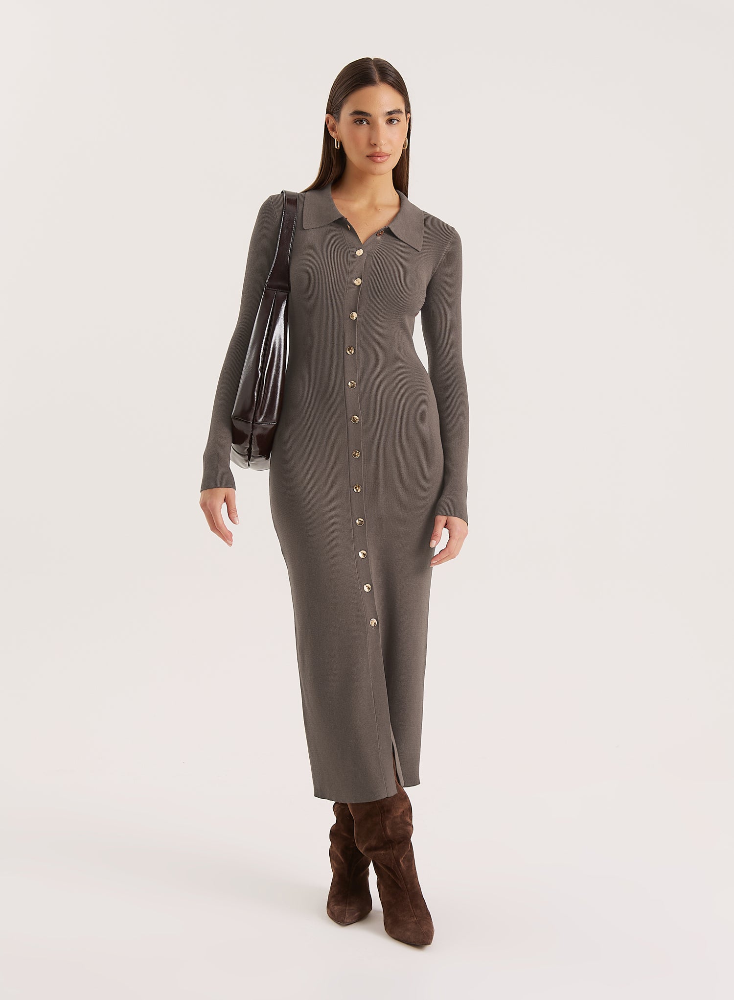 Charcoal Collared Button Down Knitted Dress